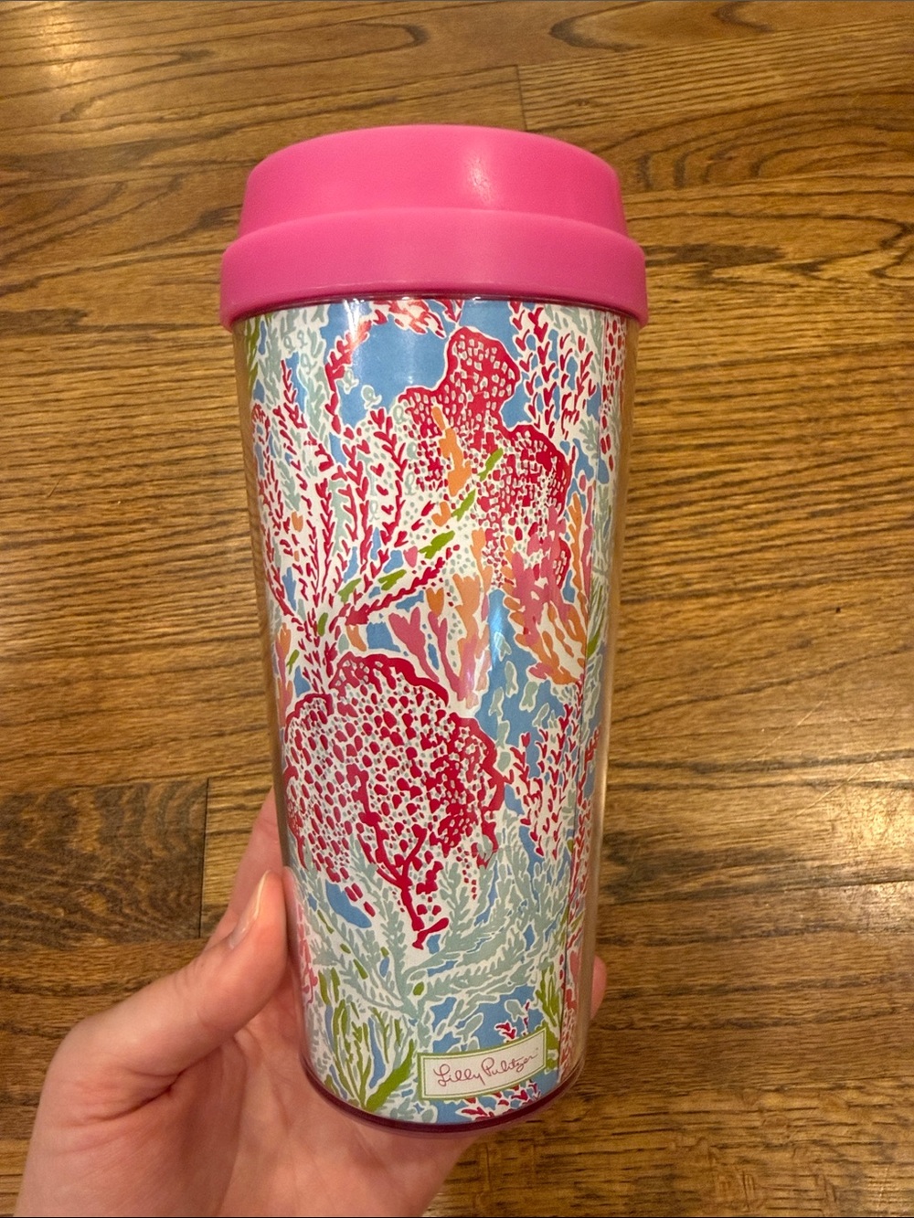 Lilly Pulitzer Coral & Aqua Patterned Travel Tumbler with Pink Lid
